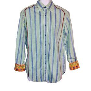 Robert Graham Mens M Dress Shirt Flip Cuff Blue Green Pinstripe